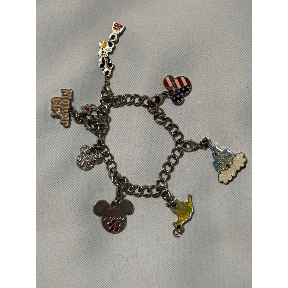 Disney Charm Bracelet Silver Tone Mickey Mouse Castle Tinker Bell Flower Girl